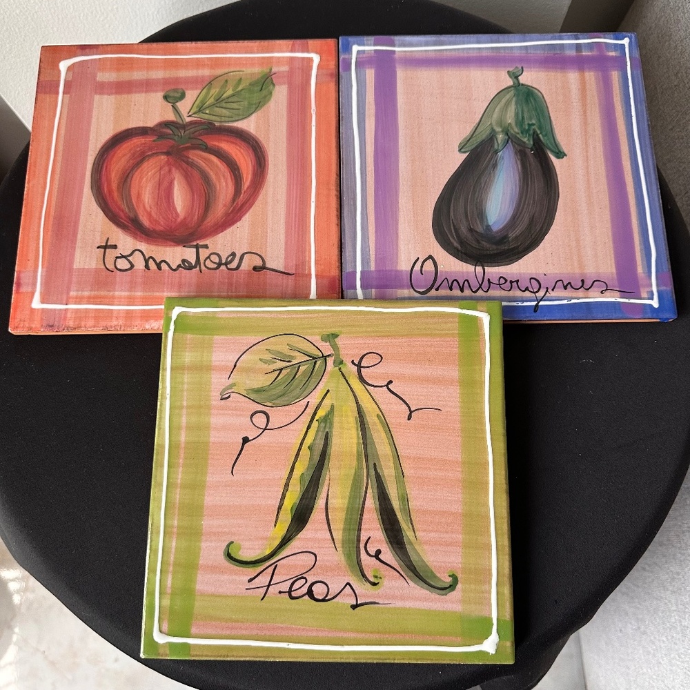 Set of 3 Hand-Painted Ceramic Vegetable Tiles –  Kitchen Art Made in Italy